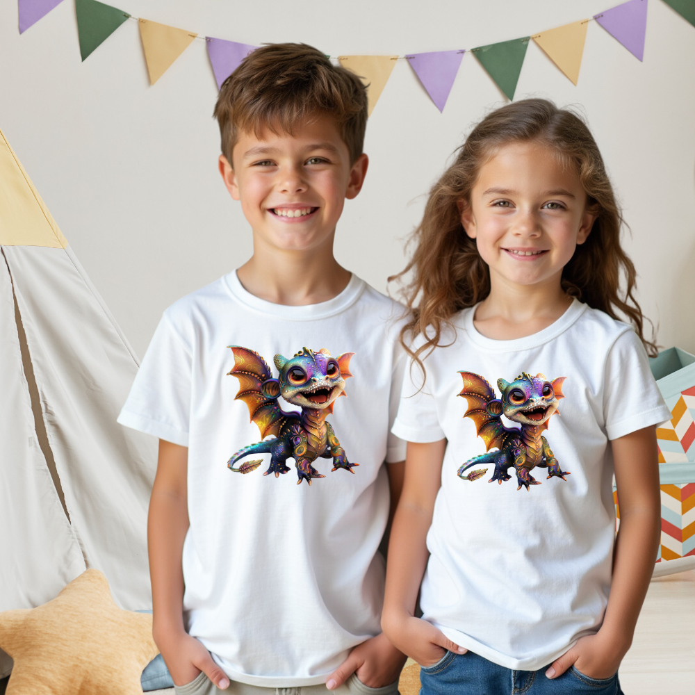 Zwei lächelnde Kinder, ein Junge und ein Mädchen, tragen weiße T-Shirts mit einem bunten, fröhlichen Drachenmotiv. Der Drache ist detailliert und in lebhaften Farben gestaltet, mit großen, neugierigen Augen und ausgebreiteten Flügeln. Die Kinder stehen nebeneinander vor einem hellen Hintergrund mit farbigen Wimpeln, die dekorativ an der Wand hängen. Im Hintergrund ist ein Teil eines Tipis und ein bunter Spielzeugkasten zu sehen, was eine gemütliche, spielerische Atmosphäre schafft.