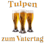 Schwarzer Hintergrund mit dem humorvollen Text „Tulpen zum Vatertag“ in orange-weißer Schrift. In der Mitte sind drei gefüllte Biergläser dargestellt, die wie Blumen angeordnet sind und an „Tulpen“ erinnern.