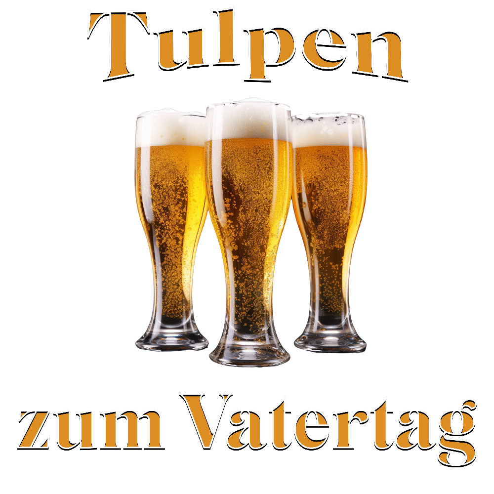 Schwarzer Hintergrund mit dem humorvollen Text „Tulpen zum Vatertag“ in orange-weißer Schrift. In der Mitte sind drei gefüllte Biergläser dargestellt, die wie Blumen angeordnet sind und an „Tulpen“ erinnern.