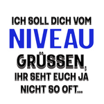 Humorvoller Spruch für ein T-Shirt-Design: „Ich soll dich vom Niveau grüßen, ihr seht euch ja nicht so oft…“ Der Text ist in auffälligen Schriftarten und Farben gestaltet, wobei das Wort „Niveau“ in kräftigem Blau besonders hervorsticht. Ein augenzwinkernder Spruch, der garantiert ein Schmunzeln hervorruft und für Aufmerksamkeit sorgt.