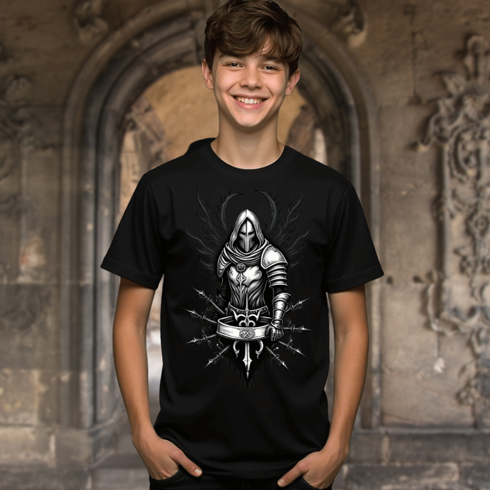 Ein junger Mann trägt ein schwarzes T-Shirt mit einem eindrucksvollen Motiv eines mystischen Ritters in einer detaillierten Rüstung. Der Ritter ist umgeben von schattenartigen Flammen und hält ein kunstvoll verziertes Schwert. Im Hintergrund ist ein antiker Torbogen mit aufwendigen Steinverzierungen zu sehen, was eine mittelalterliche und geheimnisvolle Atmosphäre erzeugt. Das Design verleiht dem T-Shirt einen kraftvollen und epischen Look.