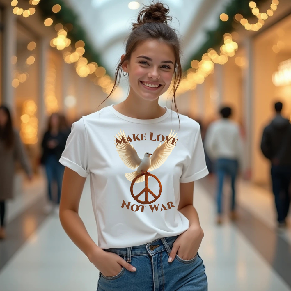 Eine junge Frau trägt ein weißes T-Shirt mit dem Aufdruck 'Make Love Not War'. Das Motiv zeigt eine weiße Taube mit ausgebreiteten Flügeln, die auf einem Friedenssymbol sitzt. Der Hintergrund ist ein helles, weihnachtlich dekoriertes Einkaufszentrum.