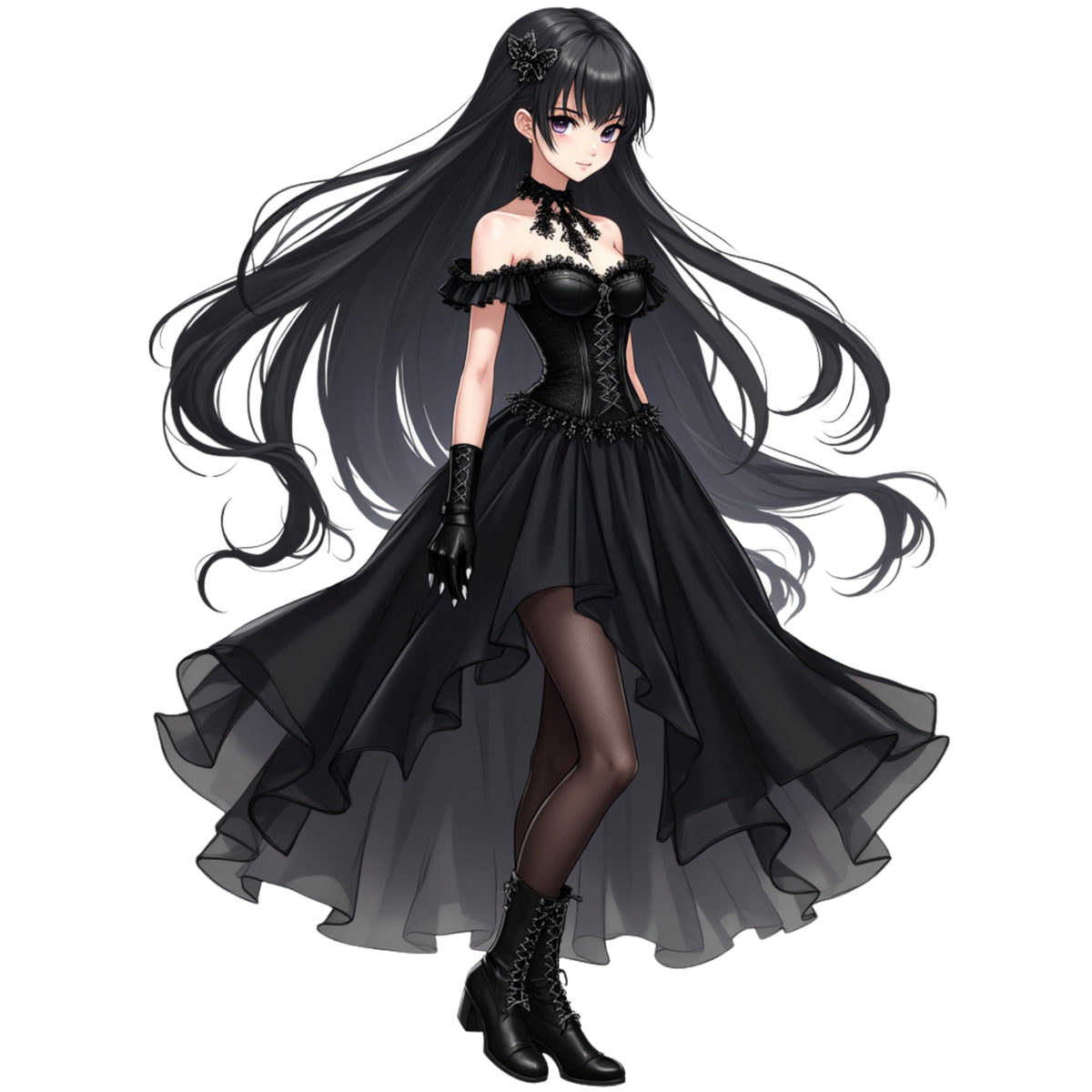 Eine Anime-Figur mit langen, schwarzen Haaren und leuchtenden violetten Augen. Sie trägt ein elegantes schwarzes Kleid mit einem asymmetrischen, fließenden Rock, das mit Spitzen- und Blumenakzenten verziert ist. Dazu passen schwarze, geschnürte Stiefeletten, schwarze Handschuhe und eine filigrane Haarspange. Die Figur strahlt eine mysteriöse und raffinierte Aura aus.