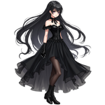 Eine Anime-Figur mit langen, schwarzen Haaren und leuchtenden violetten Augen. Sie trägt ein elegantes schwarzes Kleid mit einem asymmetrischen, fließenden Rock, das mit Spitzen- und Blumenakzenten verziert ist. Dazu passen schwarze, geschnürte Stiefeletten, schwarze Handschuhe und eine filigrane Haarspange. Die Figur strahlt eine mysteriöse und raffinierte Aura aus.