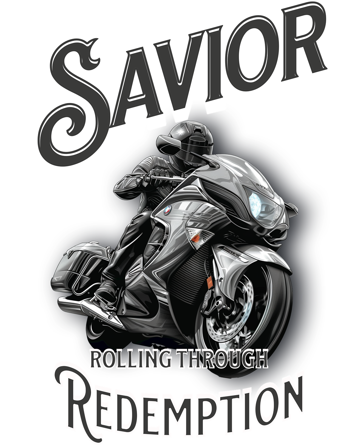 Ein stilisiertes Motorrad-Design mit einem Fahrer auf einem sportlichen Motorrad in Bewegung. Darüber steht in großen, verspielten Buchstaben "Savior", und darunter der Text "Rolling Through Redemption". Das Design vermittelt Dynamik und Freiheit und ist ideal für Motorradfans und Liebhaber von Abenteuern auf zwei Rädern.