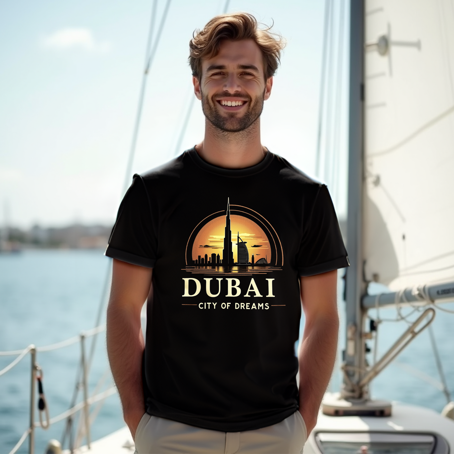 Ein Mann trägt ein schwarzes T-Shirt mit einem Dubai-Motiv: Skyline mit Burj Khalifa und Sonnenuntergang im Hintergrund. Text: 'Dubai - City of Dreams'.