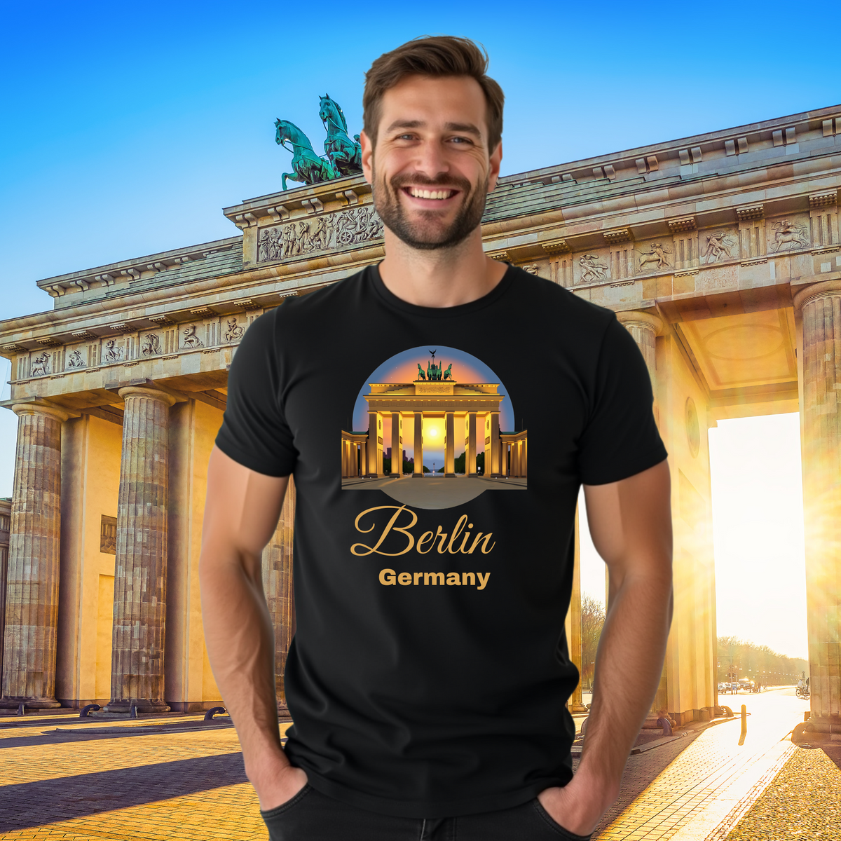 Ein Mann trägt ein schwarzes T-Shirt mit einem stilisierten Design des Brandenburger Tors und dem Schriftzug „Berlin Germany“. Im Hintergrund ist das Brandenburger Tor bei Sonnenuntergang zu sehen. Das Design strahlt Eleganz und eine starke Verbindung zur Stadt Berlin aus.