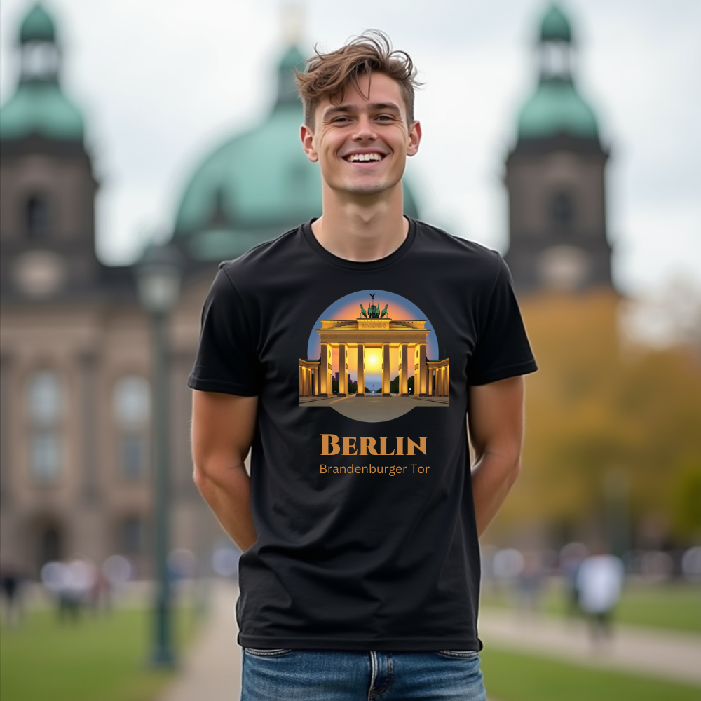 Ein junger Mann trägt ein schwarzes T-Shirt mit einem stilvollen Aufdruck des Brandenburger Tors, das in einem warmen Sonnenuntergangslicht erstrahlt. Darunter steht in goldener Schrift „Berlin“ und „Brandenburger Tor“. Der Hintergrund zeigt eine parkähnliche Umgebung mit verschwommenen Gebäuden. Das T-Shirt kombiniert Eleganz mit einem Hauch von Reisefeeling und ist ideal für Berlin-Liebhaber.