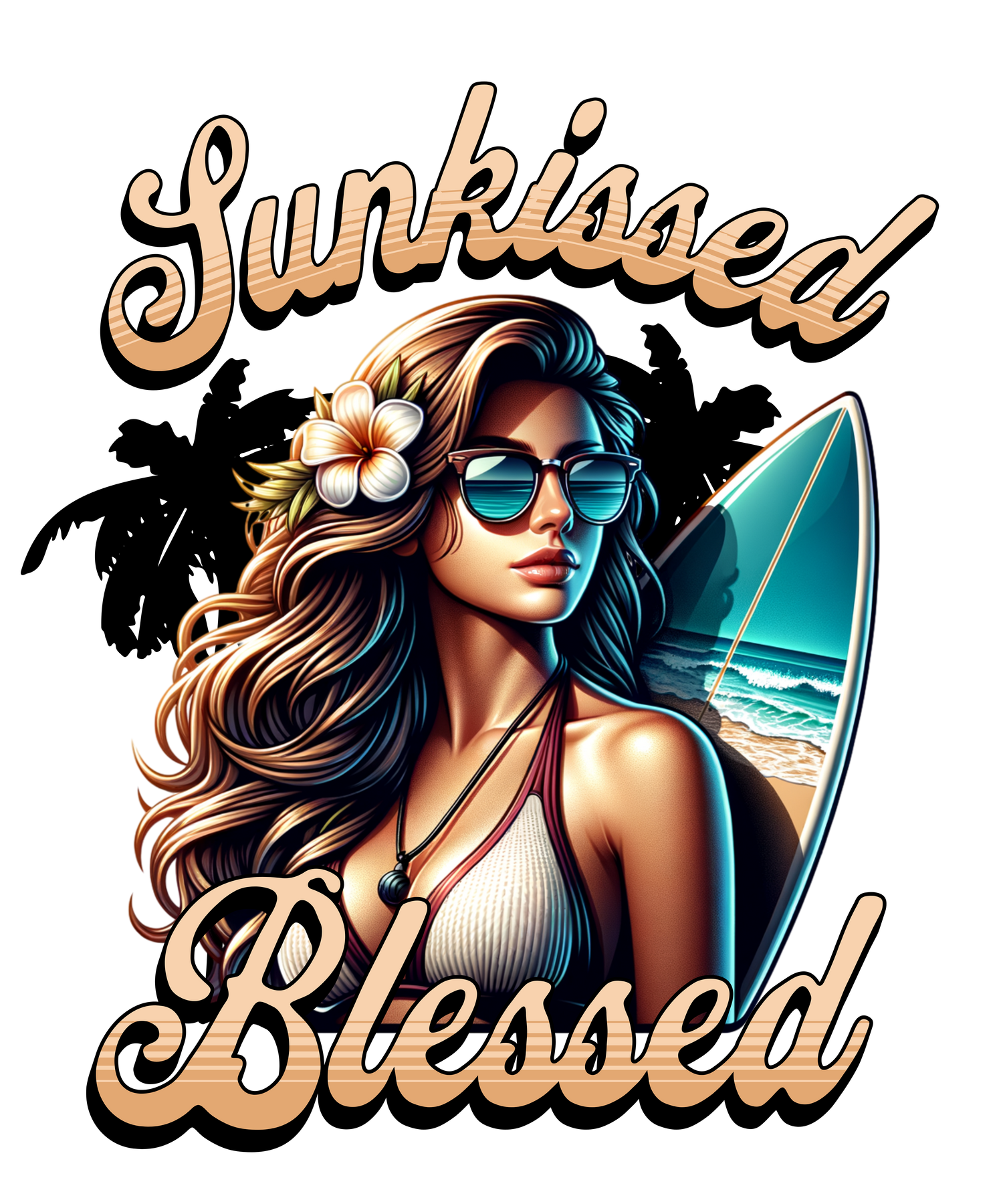 Surfer-Motiv mit einer stilvollen Frau in Sonnenbrille, einem Surfbrett und der Aufschrift ‚Sunkissed Blessed‘, das sommerliche Leichtigkeit und Strand-Lifestyle ausdrückt.