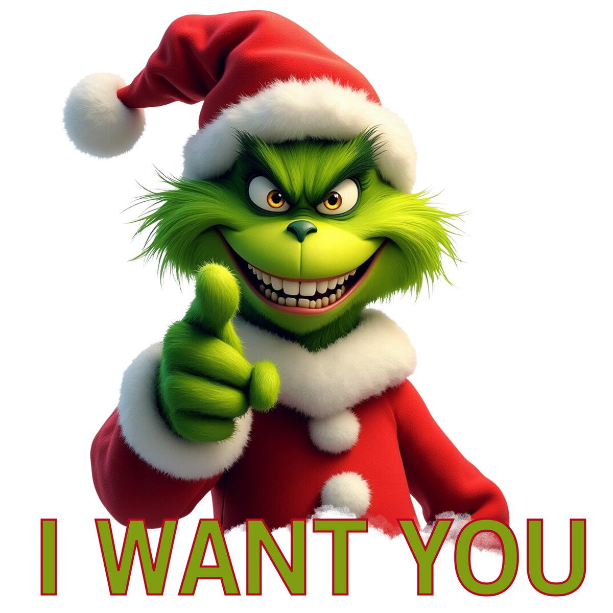 Eine grüne, grinsende Figur in einem roten Weihnachtsmann-Anzug und -Mütze zeigt direkt in die Kamera. Darunter steht in roten Buchstaben mit grüner Umrandung der Text "I WANT YOU". Das Bild vermittelt eine humorvolle und festliche Stimmung, passend zur Weihnachtszeit.