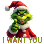 Eine grüne, grinsende Figur in einem roten Weihnachtsmann-Anzug und -Mütze zeigt direkt in die Kamera. Darunter steht in roten Buchstaben mit grüner Umrandung der Text "I WANT YOU". Das Bild vermittelt eine humorvolle und festliche Stimmung, passend zur Weihnachtszeit.