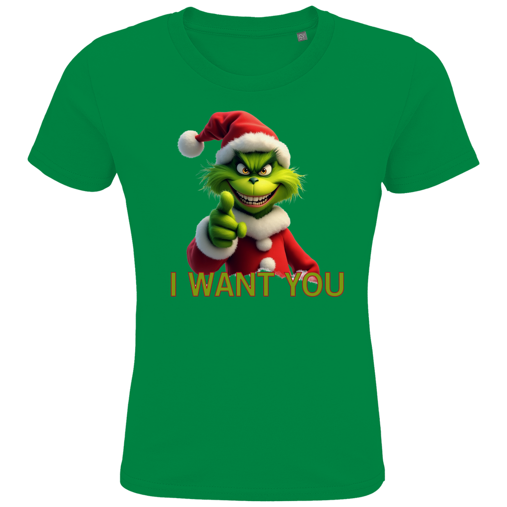 Ein grünes T-Shirt mit einem humorvollen, weihnachtlichen Grinch-Motiv. Auf der Vorderseite ist eine grüne Figur mit Weihnachtsmann-Mütze zu sehen, die in die Kamera zeigt. Darunter steht in roten Buchstaben mit grüner Umrandung der Text "I WANT YOU". Das T-Shirt verbreitet eine witzige, festliche Stimmung und eignet sich perfekt für die Weihnachtszeit.