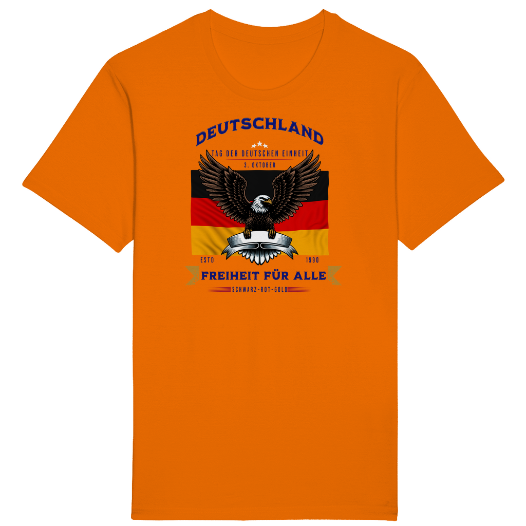 Oranges T-Shirt mit patriotischem Design, das die deutsche Flagge und einen imposanten Adler zeigt. Der Schriftzug „Deutschland – Freiheit für alle“ und „Tag der Deutschen Einheit – 3. Oktober“ betont die Bedeutung der deutschen Einheit und Freiheit. Ein markantes Statement für alle, die Stolz und Zusammenhalt symbolisieren und an den Werten von Schwarz-Rot-Gold festhalten.