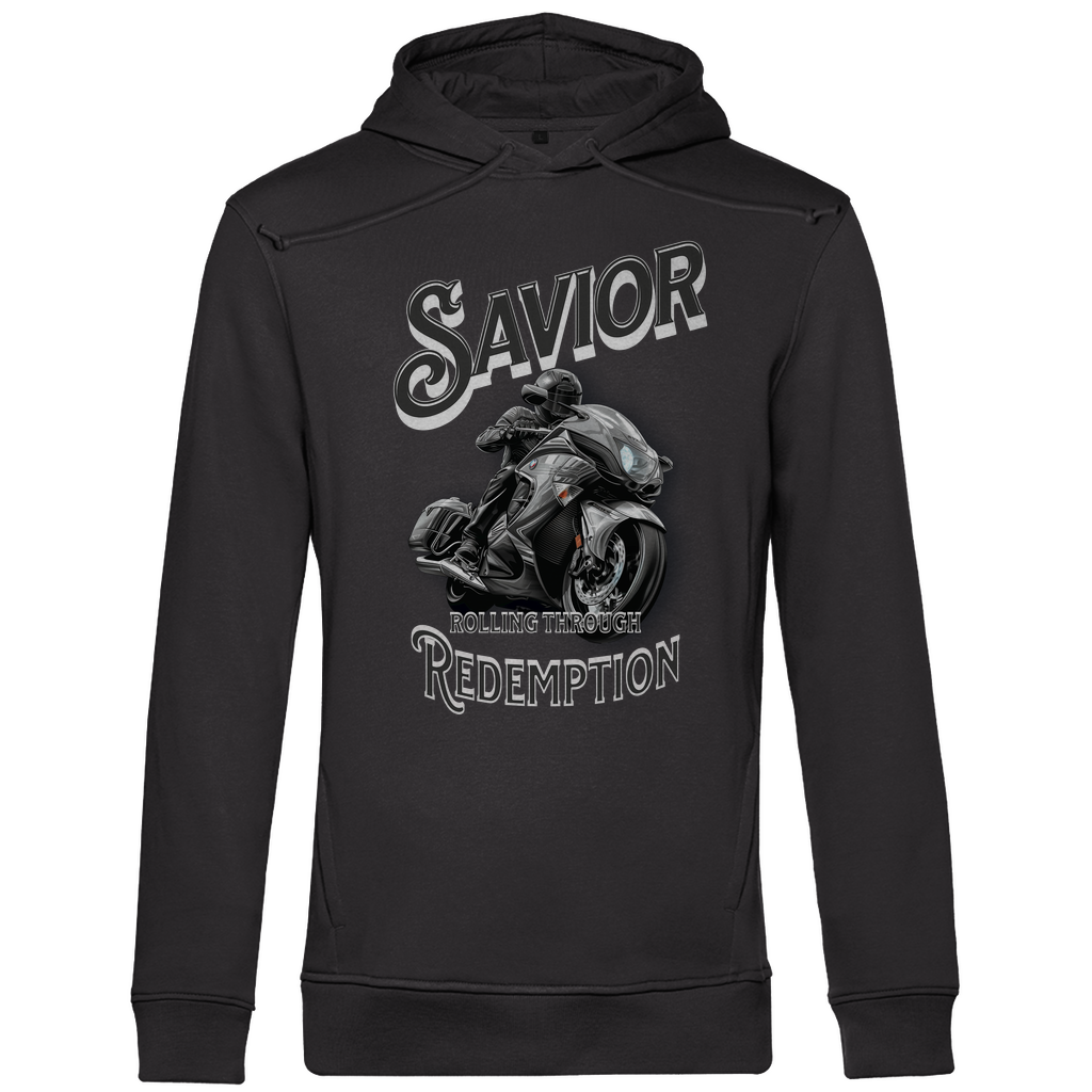 Ein dunkelgrauer Hoodie mit einem auffälligen Motorrad-Design. Im Zentrum befindet sich ein Motorradfahrer auf einem sportlichen Bike in Bewegung. Der Schriftzug "Savior" steht oben in großen, stilvollen Buchstaben, während darunter "Rolling Through Redemption" in kleineren Lettern erscheint. Das Design vermittelt eine kraftvolle und abenteuerliche Atmosphäre, ideal für Motorradliebhaber und Abenteurer.