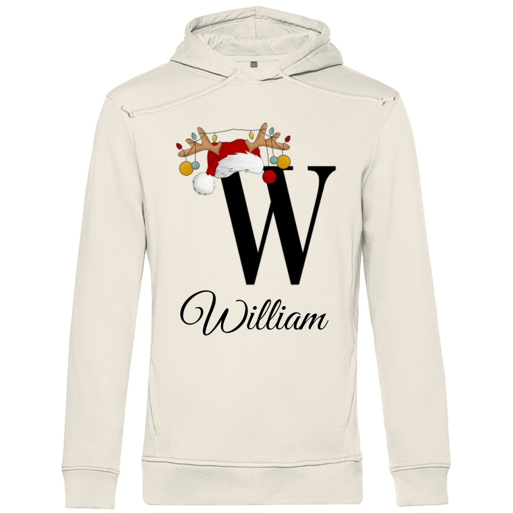 Ein cremefarbenen Hoodie mit einem weihnachtlichen Design, das den Buchstaben „W“ in Schwarz zeigt. Der Buchstabe ist mit einem Weihnachtsmann-Hut und Rentiergeweihen verziert, an denen bunte Kugeln hängen. Unter dem Buchstaben steht der Name „William“ in eleganter, geschwungener Schrift. Der Hoodie strahlt eine festliche und persönliche Note aus, perfekt für die Weihnachtszeit.