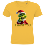 Ein Gelbes T-Shirt mit einem humorvollen, weihnachtlichen Grinch-Motiv. Auf der Vorderseite ist eine grüne Figur mit Weihnachtsmann-Mütze zu sehen, die in die Kamera zeigt. Darunter steht in roten Buchstaben mit grüner Umrandung der Text "I WANT YOU". Das T-Shirt verbreitet eine witzige, festliche Stimmung und eignet sich perfekt für die Weihnachtszeit.