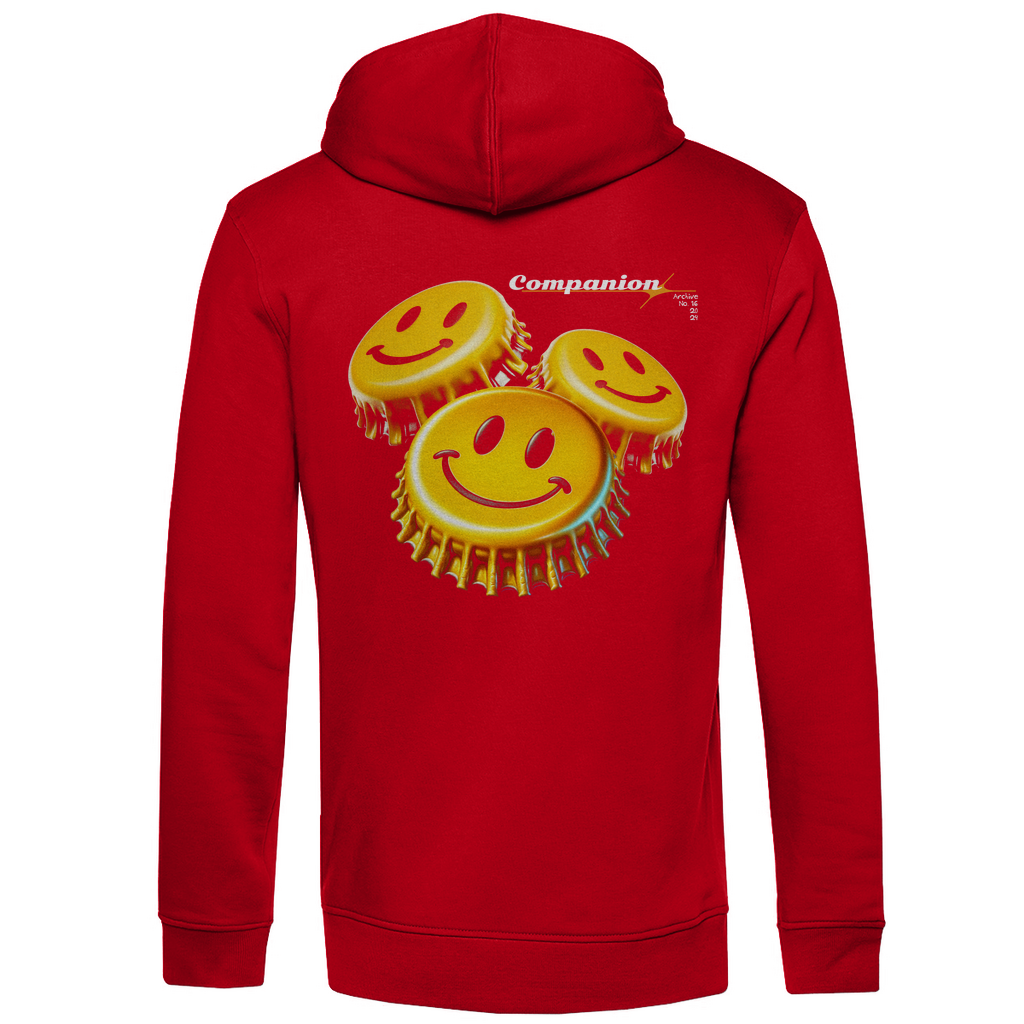 Roter Hoodie mit einem auffälligen Rückendesign aus drei Smiley-Gesichtern auf Kronkorken. Oben rechts befindet sich der Schriftzug 'Companion' in stilisierter Schrift. Das Design verleiht dem Hoodie eine fröhliche und moderne Ausstrahlung.