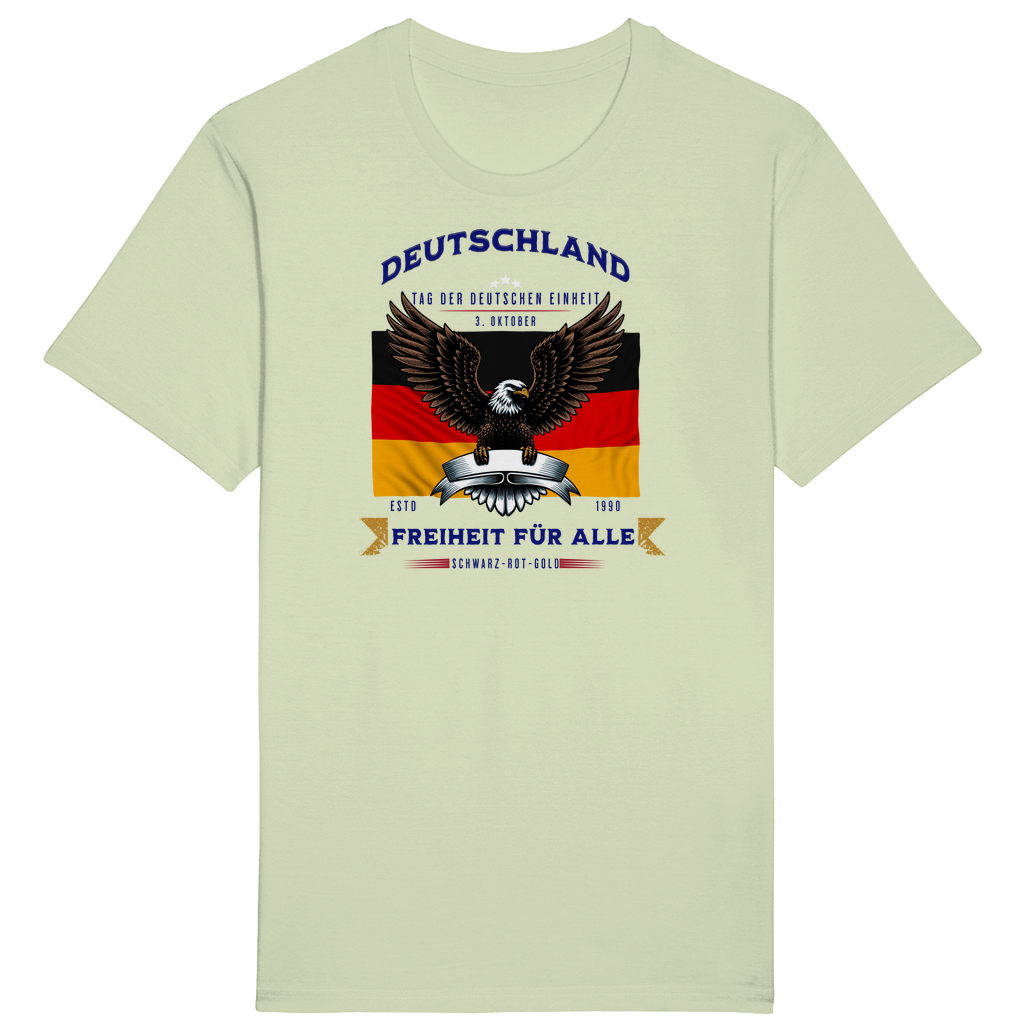 Hellgrünes T-Shirt mit patriotischem Design, das die deutsche Flagge und einen imposanten Adler zeigt. Der Schriftzug „Deutschland – Freiheit für alle“ und „Tag der Deutschen Einheit – 3. Oktober“ betont die Bedeutung der deutschen Einheit und Freiheit. Ein markantes Statement für alle, die Stolz und Zusammenhalt symbolisieren und an den Werten von Schwarz-Rot-Gold festhalten.