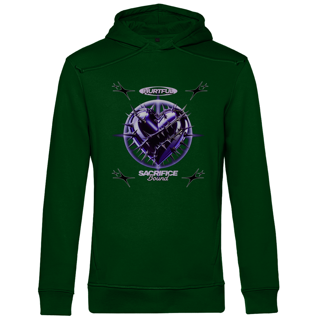 Ein dunkelgrüner Hoodie mit einem auffälligen Design in der Mitte. Das Motiv zeigt ein violettes Herz, umgeben von Dornen und stachelartigen Elementen. Über dem Herz steht der Schriftzug "Hurtful", darunter "Sacrifice Bound" in hellen Farben. Der Hoodie hat eine künstlerische und emotionale Ausstrahlung, ideal für einen individuellen Look.