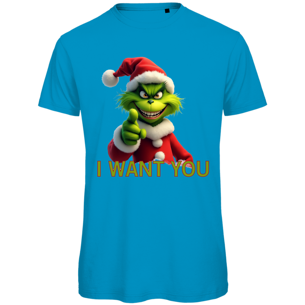 Ein hellblaues T-Shirt mit einem humorvollen, weihnachtlichen Motiv. Auf der Vorderseite ist eine grüne, grinsende Figur in einem roten Weihnachtsmann-Anzug zu sehen, die direkt in die Kamera zeigt. Darunter steht in gelben Buchstaben mit roter Umrandung der Text "I WANT YOU". Das T-Shirt strahlt eine lustige, festliche Atmosphäre aus und ist perfekt für die Weihnachtszeit geeignet.