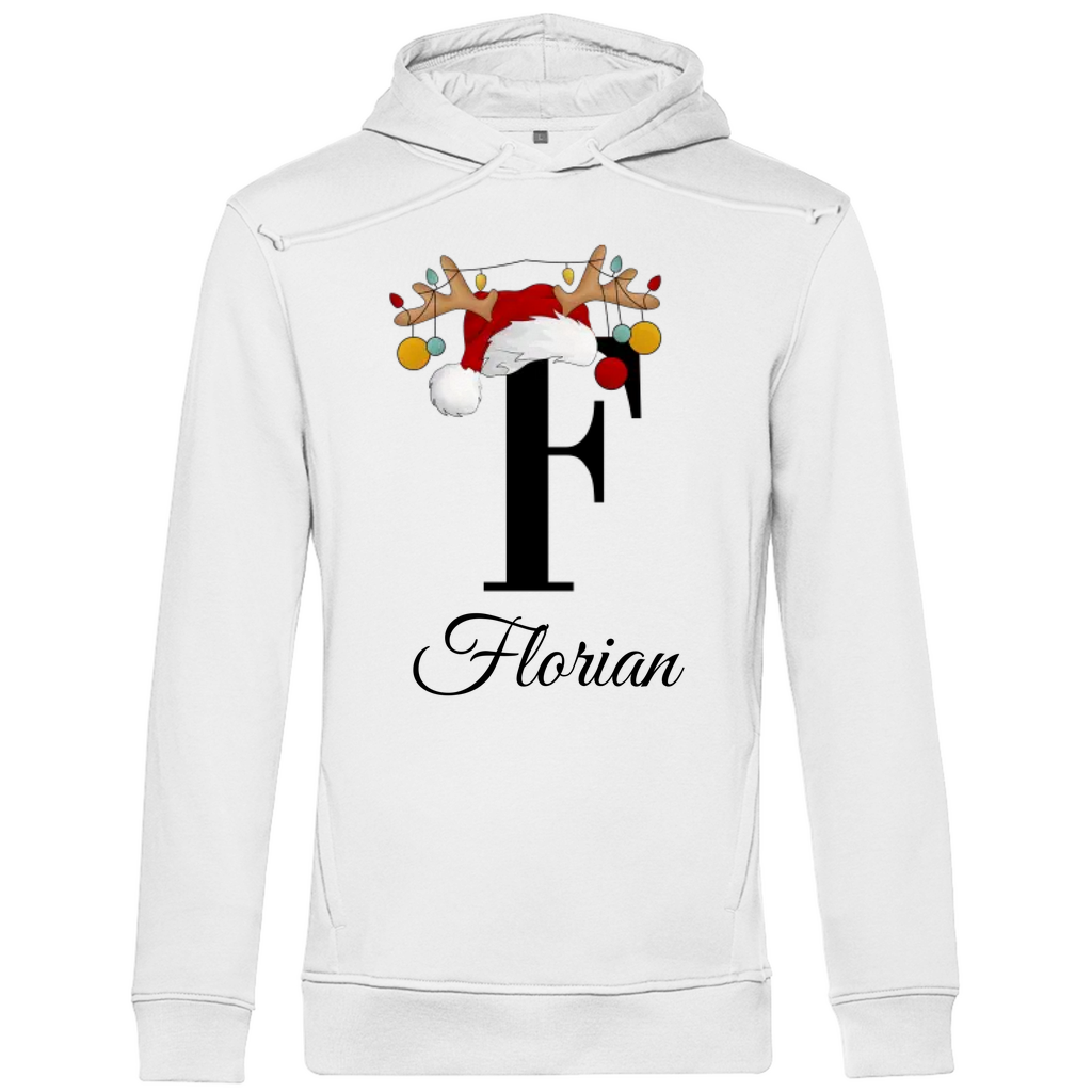 Ein weißer Hoodie mit einem weihnachtlichen Design, das den Buchstaben "E" zeigt. Der Buchstabe ist in schwarz gehalten und mit einem Weihnachtsmann-Hut sowie Rentiergeweihen verziert, an denen bunte, farbenfrohe Kugeln hängen. Unter dem Buchstaben ist der personalisierte Name "Enrico" in eleganter, geschwungener Schrift zu sehen. Der Hoodie vermittelt eine festliche und personalisierte Atmosphäre und ist ideal für die Winter- und Weihnachtszeit.