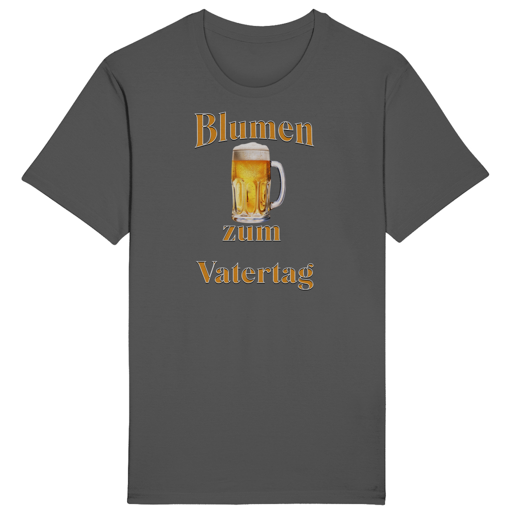 Graues T-Shirt mit dem humorvollen Aufdruck „Blumen zum Vatertag“. Ein goldener Bierkrug in der Mitte des Designs ersetzt augenzwinkernd die traditionellen Blumen, die man sonst schenkt. Ein perfektes Geschenk für Väter, die den Vatertag gerne mit einem erfrischenden Bier feiern und diesen besonderen „Blumenstrauß“ zu schätzen wissen!