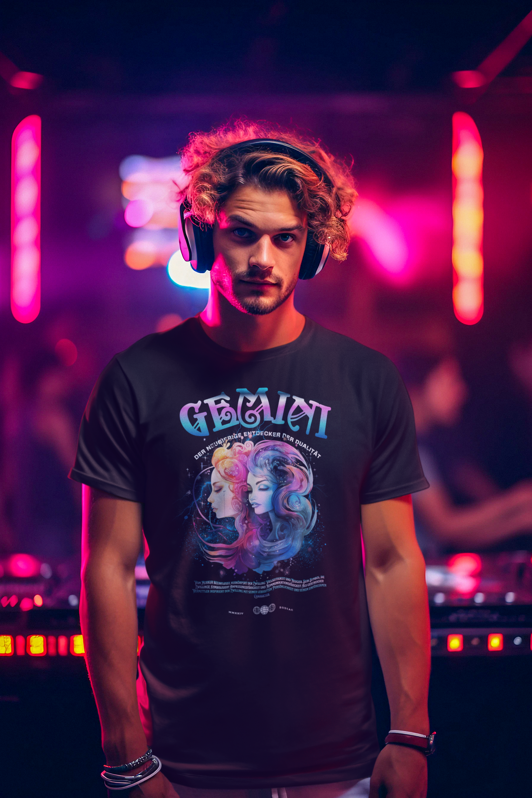 Ein DJ mit Kopfhörern steht in einem Club mit bunten Lichtern und trägt ein schwarzes T-Shirt mit astrologischem Design für das Sternzeichen Zwillinge. Das Motiv zeigt zwei kontrastierende Gesichter in lebendigen Farben, symbolisch für die duale Natur der Zwillinge. Der Schriftzug 'Gemini' und der Slogan 'Der neugierige Entdecker der Dualität' sind darüber platziert. Ideal für Zwillinge-Geborene und Astrologie-Fans.