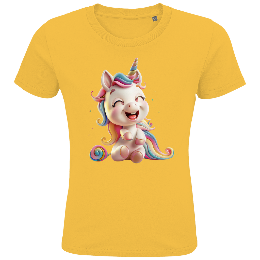 Ein gelbes Kinder-T-Shirt mit einem fröhlichen Einhorn-Design. Das Einhorn hat eine pastellfarbene Regenbogenmähne und einen passenden Schweif. Es sitzt lachend auf dem T-Shirt und strahlt pure Freude aus. Das Motiv ist in leuchtenden Farben gestaltet und hebt sich gut vom weißen Hintergrund des T-Shirts ab, ideal für kleine Einhorn-Fans und perfekt für farbenfrohe, magische Momente.