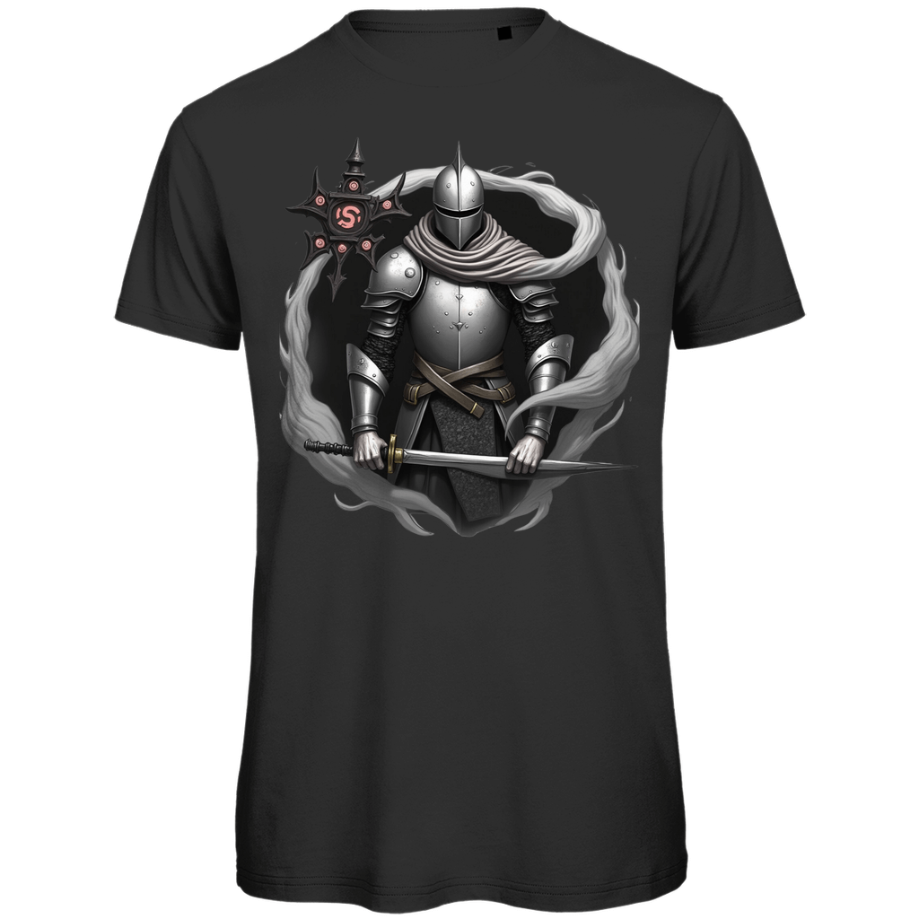 Schwarzes T-Shirt mit einem detaillierten Motiv eines gepanzerten Ritters. Der Ritter hält ein Schwert und ist von Nebelschwaden umgeben. Neben ihm schwebt ein kunstvolles Wappen mit einem roten Symbol. Das Design verbindet Stärke und mystische Elemente.