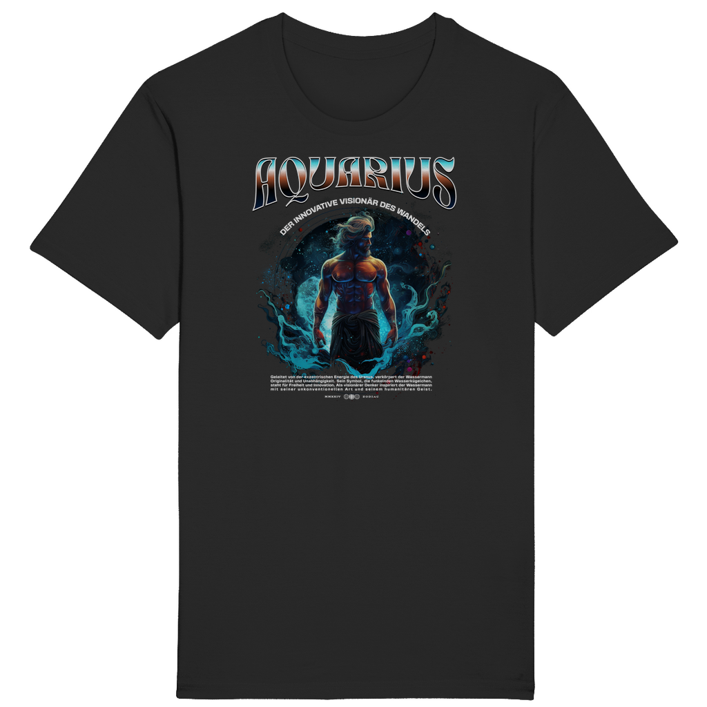 Schwarzes T-Shirt mit astrologischem Design für das Sternzeichen Wassermann. Das Motiv zeigt eine muskulöse, in Wasser gehüllte Figur, die kraftvoll in Szene gesetzt ist. Über dem Bild steht der Schriftzug 'Aquarius', darunter der Slogan 'Der innovative Visionär des Wandels' sowie eine kurze Beschreibung der Eigenschaften des Wassermanns. Ideal für Wassermann-Geborene und Fans astrologischer Motive.