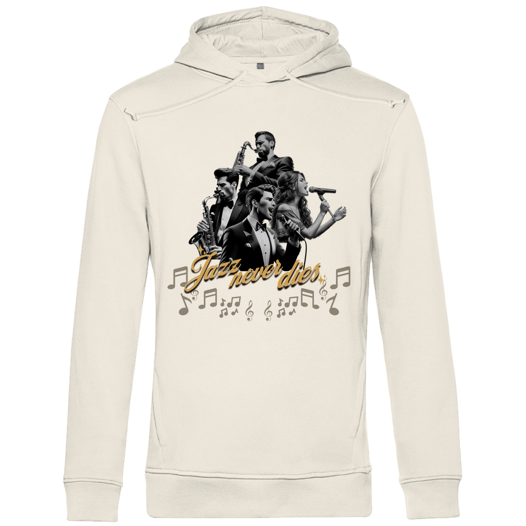 Ein beiger Hoodie mit einem lebendigen Jazz-Motiv. Das Design zeigt eine Gruppe von Musikern, die verschiedene Instrumente spielen, umgeben von musikalischen Noten. Der Schriftzug "Jazz never dies" ist in eleganter Schrift unterhalb der Musiker platziert. Das Design vermittelt eine nostalgische und künstlerische Atmosphäre, ideal für Jazzliebhaber.