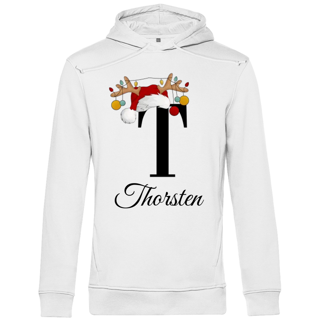 Ein weißer Hoodie mit einem weihnachtlichen Design, das den Buchstaben „T“ in Schwarz zeigt. Der Buchstabe ist mit einem Weihnachtsmann-Hut sowie Rentiergeweihen verziert, an denen bunte Kugeln hängen. Unter dem Buchstaben steht der Name „Thorsten“ in eleganter, geschwungener Schrift. Der Hoodie verleiht eine festliche und persönliche Note, perfekt geeignet für die Weihnachtszeit.