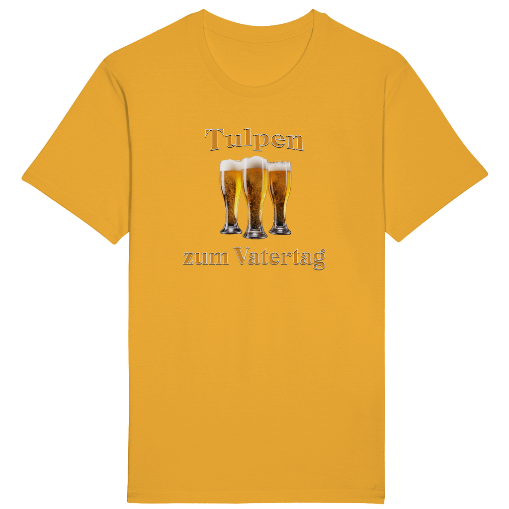 Gelbes T-Shirt mit dem humorvollen Spruch „Tulpen zum Vatertag“ in orange-weißer Schrift. In der Mitte des Designs sind drei gefüllte Biergläser angeordnet, die auf humorvolle Weise an „Tulpen“ erinnern.