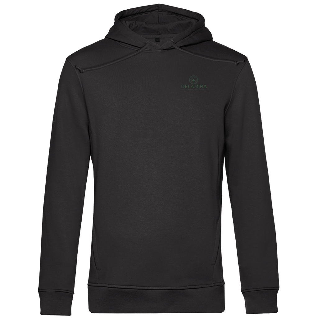 Ein dunkelgrauer Premium Bio Hoodie mit delamira-Logo auf der linken Brust. Das schlichte und zeitlose Design kombiniert Nachhaltigkeit mit Stil. Der Hoodie überzeugt durch seine hochwertige Verarbeitung, eine bequeme Kapuze mit Kordelzug und eine perfekte Passform. Ideal für alle, die Wert auf umweltfreundliche Mode und einen cleanen Look legen.