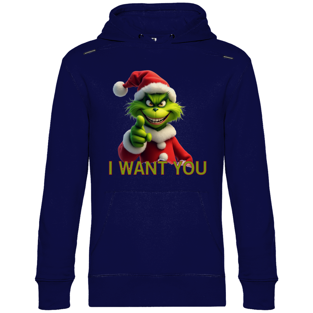 Ein dunkellauer Hoodie mit einem humorvollen, weihnachtlichen Grinch-Motiv. Auf der Vorderseite ist eine grüne Figur mit Weihnachtsmann-Mütze zu sehen, die direkt in die Kamera zeigt. Darunter steht der Text "I WANT YOU" in roten Buchstaben mit grüner Umrandung. Der Hoodie strahlt eine witzige, festliche Atmosphäre aus und ist ideal für die Weihnachtszeit.