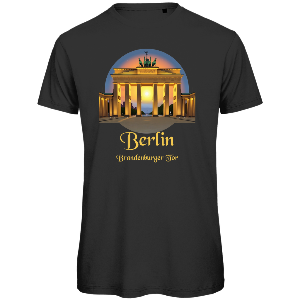 Ein schwarzes T-Shirt mit einem stilisierten Motiv des Brandenburger Tors und dem Schriftzug „Berlin Brandenburger Tor“. Das Design kombiniert Eleganz mit einem modernen Stadtlook.