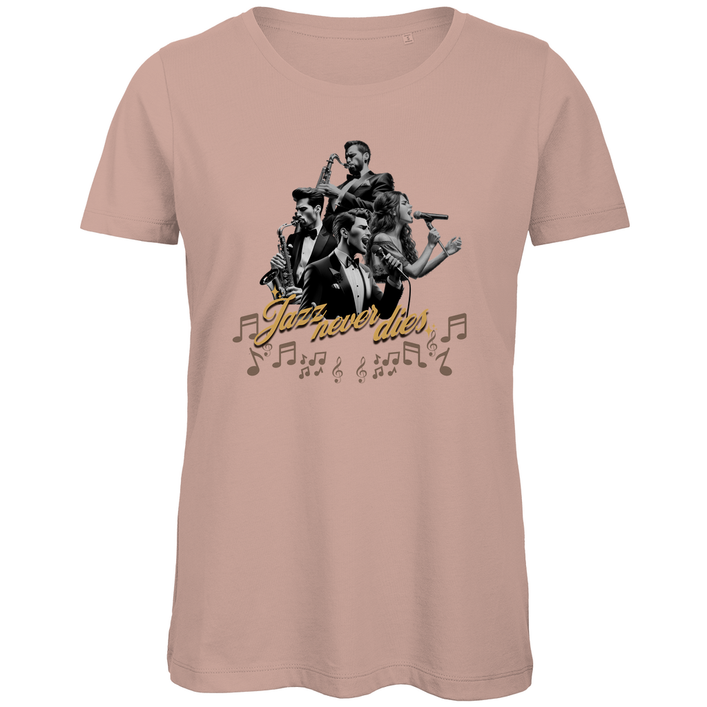 Damen Premium Bio T-Shirt mit Jazz-Design, erhältlich in vielen ausgesuchten Farben, aus nachhaltiger Baumwolle, bequem und stilvoll – Delamira.