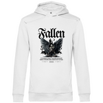 Ein weißer Hoodie mit einem düsteren Design. Im Mittelpunkt des Designs steht ein gefallener, skelettartiger Engel mit großen schwarzen Flügeln, der auf einem Thron sitzt. Darüber prangt der Schriftzug „Fallen“ in einer gotischen Schrift. Unter dem Engel befindet sich ein Text in kleinerer Schrift: „In the shadows of despair, a fallen dark skeleton angel emerges, its fractured wings a haunting echo of lost grace.“ Das Design vermittelt eine mystische und dunkle Atmosphäre.