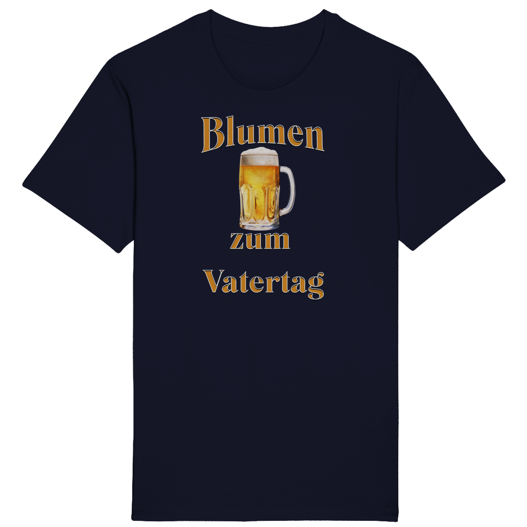 Dunkelblaues T-Shirt mit dem humorvollen Aufdruck „Blumen zum Vatertag“. Ein goldener Bierkrug in der Mitte des Designs ersetzt augenzwinkernd die traditionellen Blumen, die man sonst schenkt. Ein perfektes Geschenk für Väter, die den Vatertag gerne mit einem erfrischenden Bier feiern und diesen besonderen „Blumenstrauß“ zu schätzen wissen!