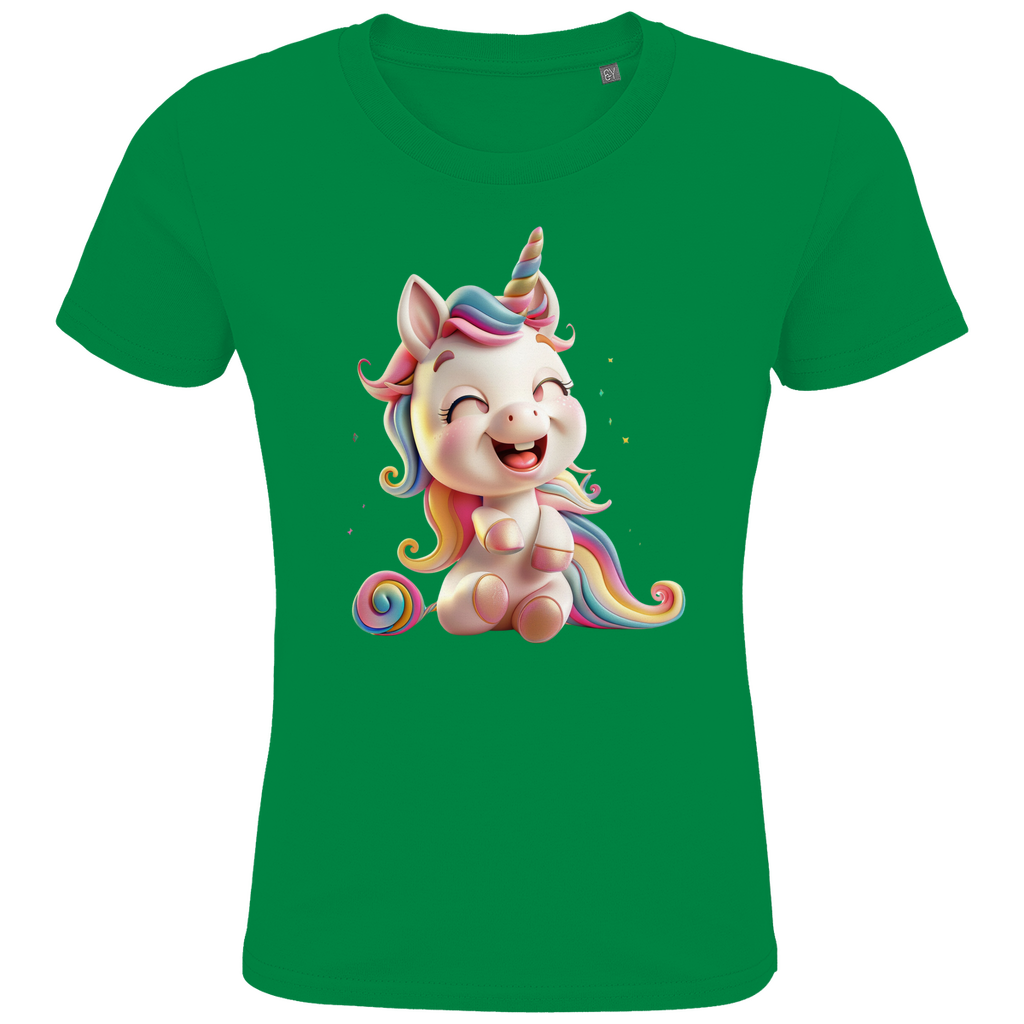 Ein grünes Kinder-T-Shirt mit einem fröhlichen Einhorn-Design. Das Einhorn hat eine pastellfarbene Regenbogenmähne und einen passenden Schweif. Es sitzt lachend auf dem T-Shirt und strahlt pure Freude aus. Das Motiv ist in leuchtenden Farben gestaltet und hebt sich gut vom weißen Hintergrund des T-Shirts ab, ideal für kleine Einhorn-Fans und perfekt für farbenfrohe, magische Momente.