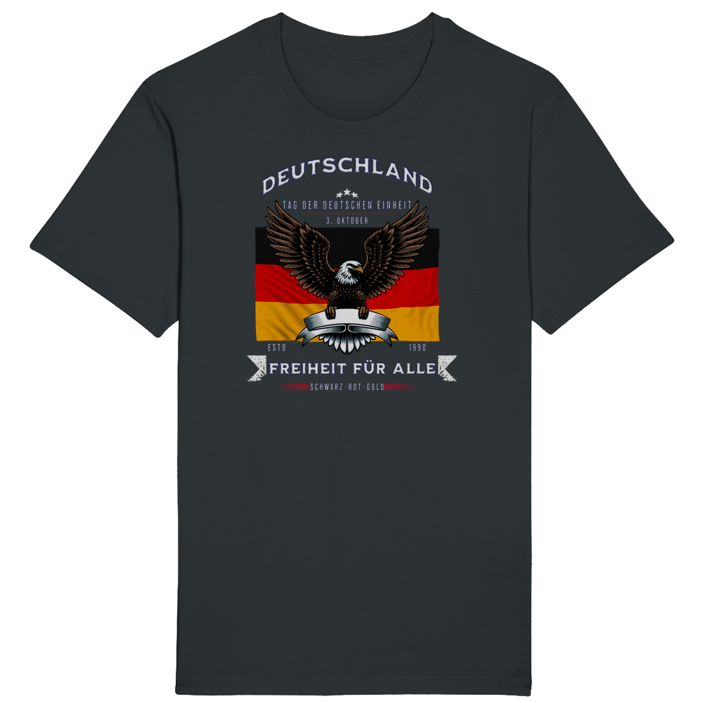 Dunkelgraues T-Shirt mit patriotischem Design, das die deutsche Flagge und einen imposanten Adler zeigt. Der Schriftzug „Deutschland – Freiheit für alle“ und „Tag der Deutschen Einheit – 3. Oktober“ betont die Bedeutung der deutschen Einheit und Freiheit. Ein markantes Statement für alle, die Stolz und Zusammenhalt symbolisieren und an den Werten von Schwarz-Rot-Gold festhalten.