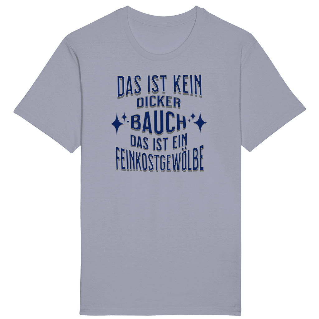 Hellblaues T-Shirt mit einem humorvollen Spruch: „Das ist kein dicker Bauch, das ist ein Feinkostgewölbe.“ Der Text ist in einer eleganten blauen Schrift gestaltet, begleitet von funkelnden Sternen, die das Design spielerisch abrunden. Ein perfektes Shirt für alle, die zu ihrem Bauch stehen und ihn mit einem Augenzwinkern als „Feinkostgewölbe“ feiern!