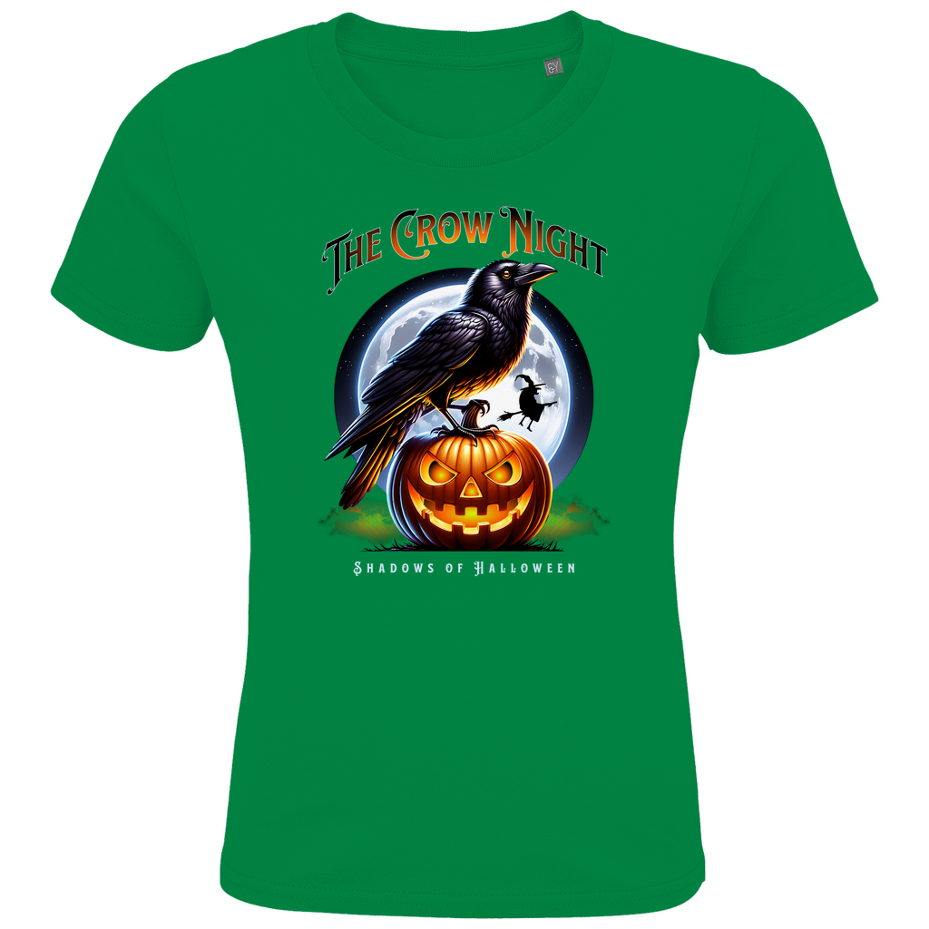 Ein hellgrünes T-Shirt mit einem auffälligen Halloween-Design. Eine Krähe sitzt auf einem leuchtenden Kürbis, während im Hintergrund ein großer Vollmond und eine fliegende Fledermaus zu sehen sind. Oberhalb des Bildes steht der Schriftzug „The Crow Night“, darunter „Shadows of Halloween“. Das Design strahlt eine düstere und geheimnisvolle Halloween-Stimmung aus.