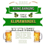 Das Bild zeigt ein humorvolles Design mit mehreren grünen Bannern und zwei Biergläsern, die den Text „Habe keine Ahnung von Klimawandel, bin nur wegen Bier hier“ umrahmen. Im oberen Bereich des Designs sind dekorative Weizenähren und Blätter eingebunden, was das Thema Bier und Natur unterstreicht. Die Schrift ist in markanten Farben gestaltet, wobei der Schriftzug „Klimawandel“ besonders hervorsticht. Das Design vermittelt eine humorvolle, gesellige Botschaft, ideal für T-Shirts und andere Produkte, die ein