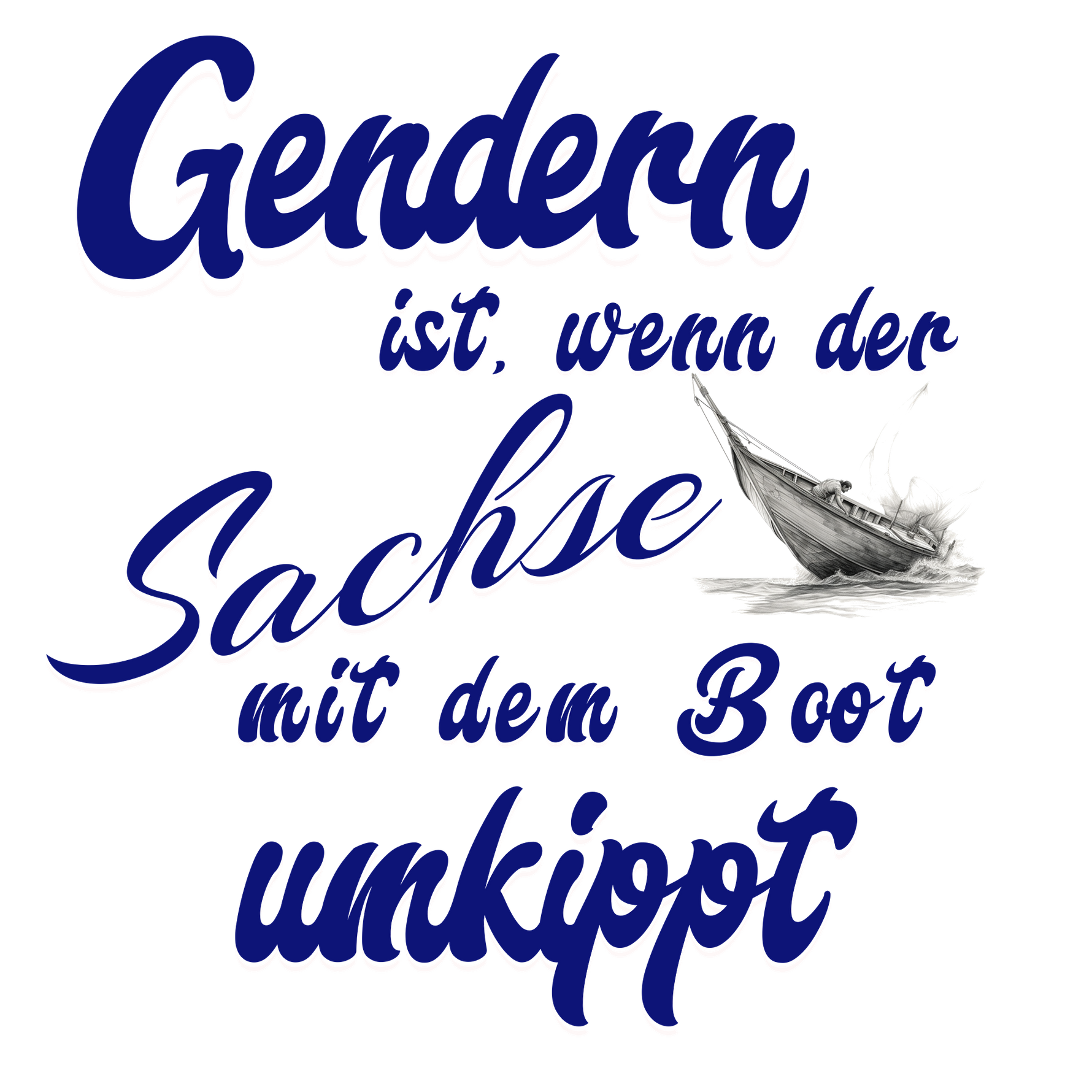 Das Design zeigt den humorvollen Spruch „Gendern ist, wenn der Sachse mit dem Boot umkippt“ in geschwungener, blauer Schrift. Eine kleine Illustration eines umkippenden Bootes ergänzt das Motiv und verleiht dem Shirt eine zusätzliche Portion Witz. Ideal für alle, die Dialekte und humorvolle Statements lieben.