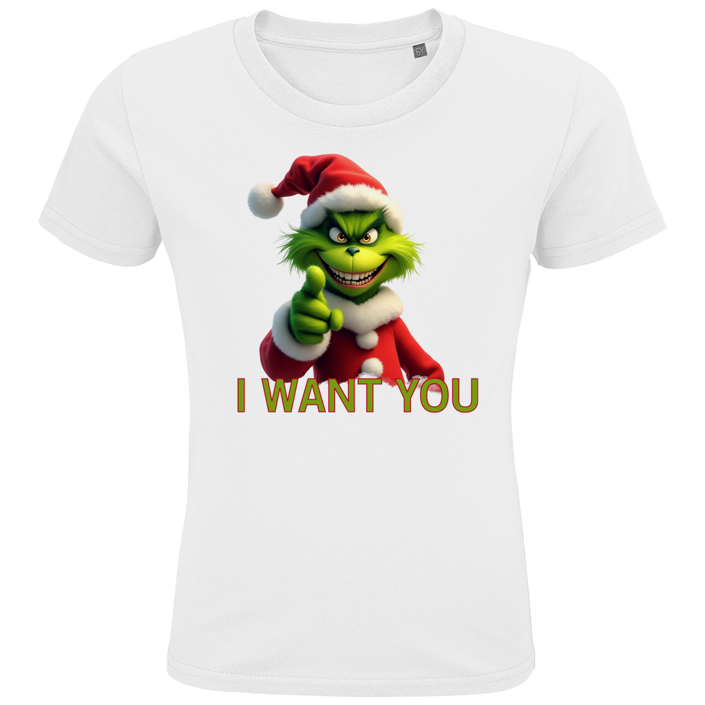 Ein weißes T-Shirt mit einem humorvollen, weihnachtlichen Grinch-Motiv. Auf der Vorderseite ist eine grüne Figur mit Weihnachtsmann-Mütze zu sehen, die in die Kamera zeigt. Darunter steht in roten Buchstaben mit grüner Umrandung der Text "I WANT YOU". Das T-Shirt verbreitet eine witzige, festliche Stimmung und eignet sich perfekt für die Weihnachtszeit.