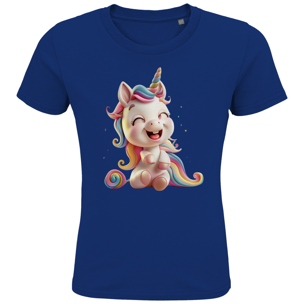 Ein blaues Kinder-T-Shirt mit einem fröhlichen Einhorn-Design. Das Einhorn hat eine pastellfarbene Regenbogenmähne und einen passenden Schweif. Es sitzt lachend auf dem T-Shirt und strahlt pure Freude aus. Das Motiv ist in leuchtenden Farben gestaltet und hebt sich gut vom weißen Hintergrund des T-Shirts ab, ideal für kleine Einhorn-Fans und perfekt für farbenfrohe, magische Momente.