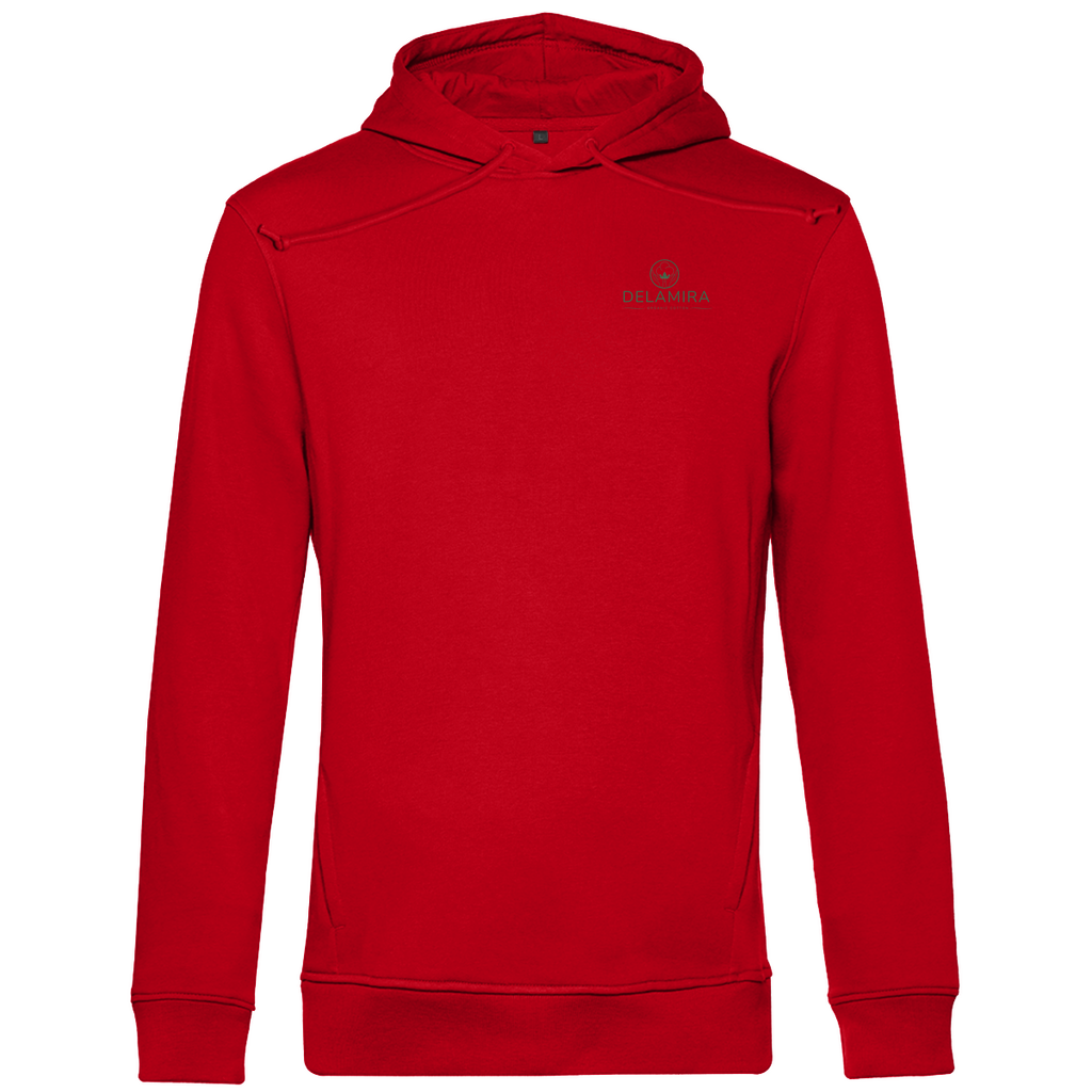 Ein roter Premium Bio Hoodie mit delamira-Logo auf der linken Brust. Das schlichte und zeitlose Design kombiniert Nachhaltigkeit mit Stil. Der Hoodie überzeugt durch seine hochwertige Verarbeitung, eine bequeme Kapuze mit Kordelzug und eine perfekte Passform. Ideal für alle, die Wert auf umweltfreundliche Mode und einen cleanen Look legen.