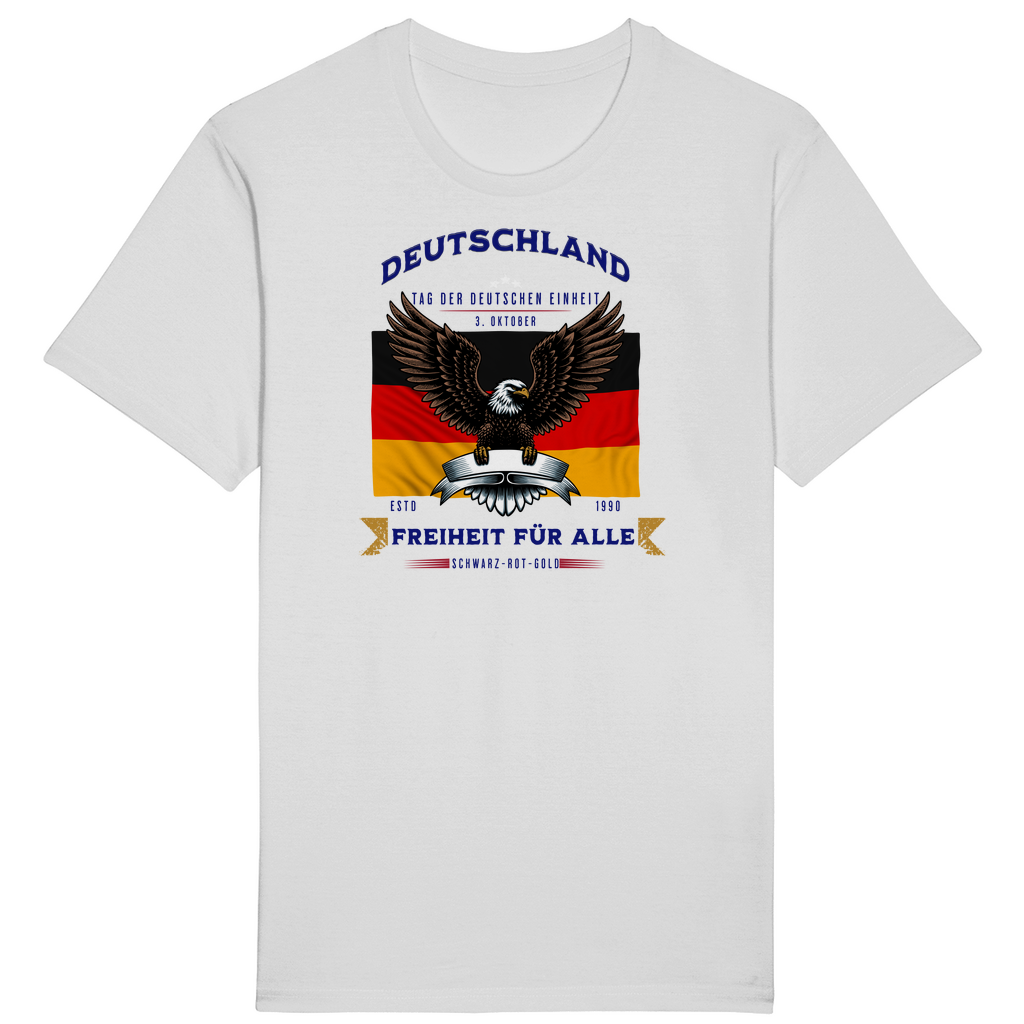 Weißes T-Shirt mit patriotischem Design, das die deutsche Flagge und einen imposanten Adler zeigt. Der Schriftzug „Deutschland – Freiheit für alle“ und „Tag der Deutschen Einheit – 3. Oktober“ betont die Bedeutung der deutschen Einheit und Freiheit. Ein markantes Statement für alle, die Stolz und Zusammenhalt symbolisieren und an den Werten von Schwarz-Rot-Gold festhalten.