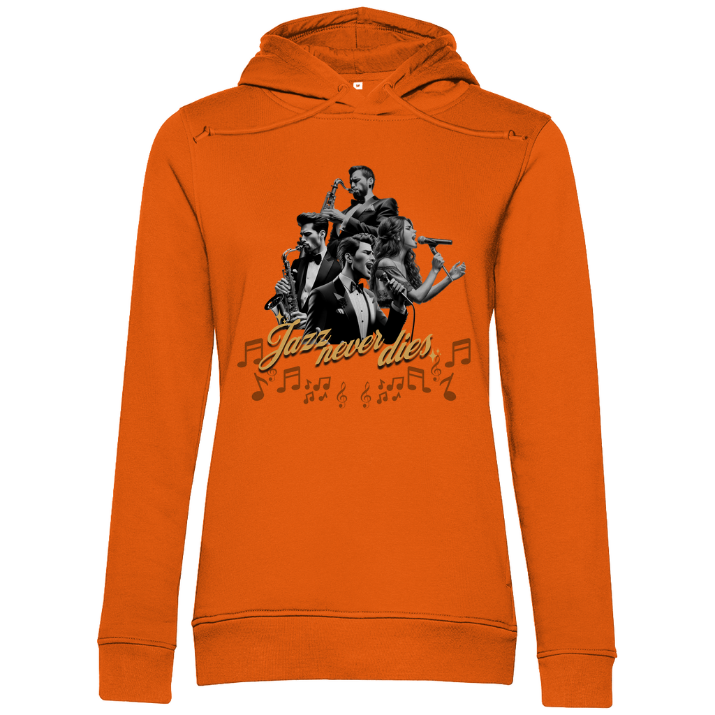 Orangener Damen-Hoodie mit einem stilvollen Jazz-Design. Das Motiv zeigt eine Gruppe von Musikern, die verschiedene Instrumente spielen, umgeben von Musiknoten. In der Mitte steht der Schriftzug "Jazz never dies" in goldener, geschwungener Schrift. Der Hoodie kombiniert eine kräftige Farbe mit einem eleganten musikalischen Thema.